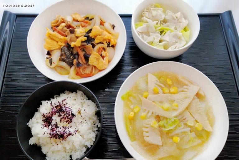 三元豚と木耳の中華炒め＆焼売・筍と春雨スープ
