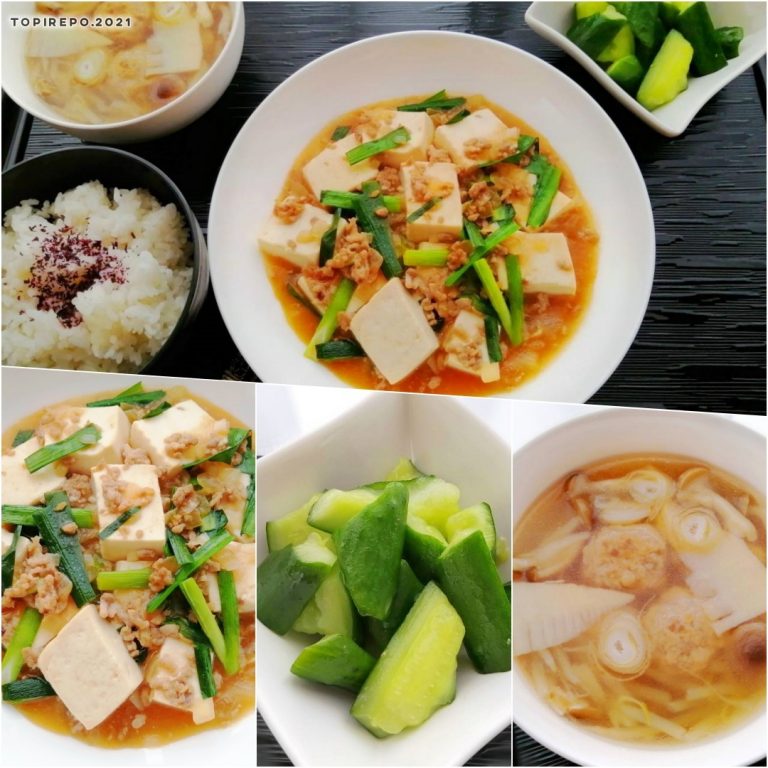 麻婆豆腐＆肉団子と筍の中華スープ・たたき胡瓜