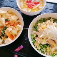 ヘルシー丼＆五目チャンプル・白菜とトマトスープと宇治抹茶