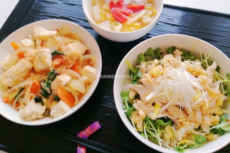 ヘルシー丼＆五目チャンプル・白菜とトマトスープと宇治抹茶